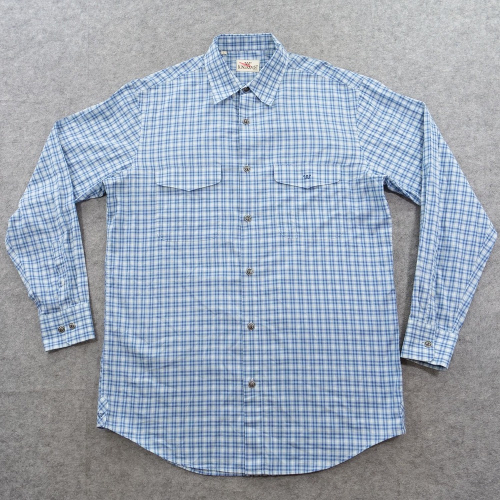 King Ranch Shirt Mens Large Blue Long Sleeve Button Up Plaid Pocket Cotton
